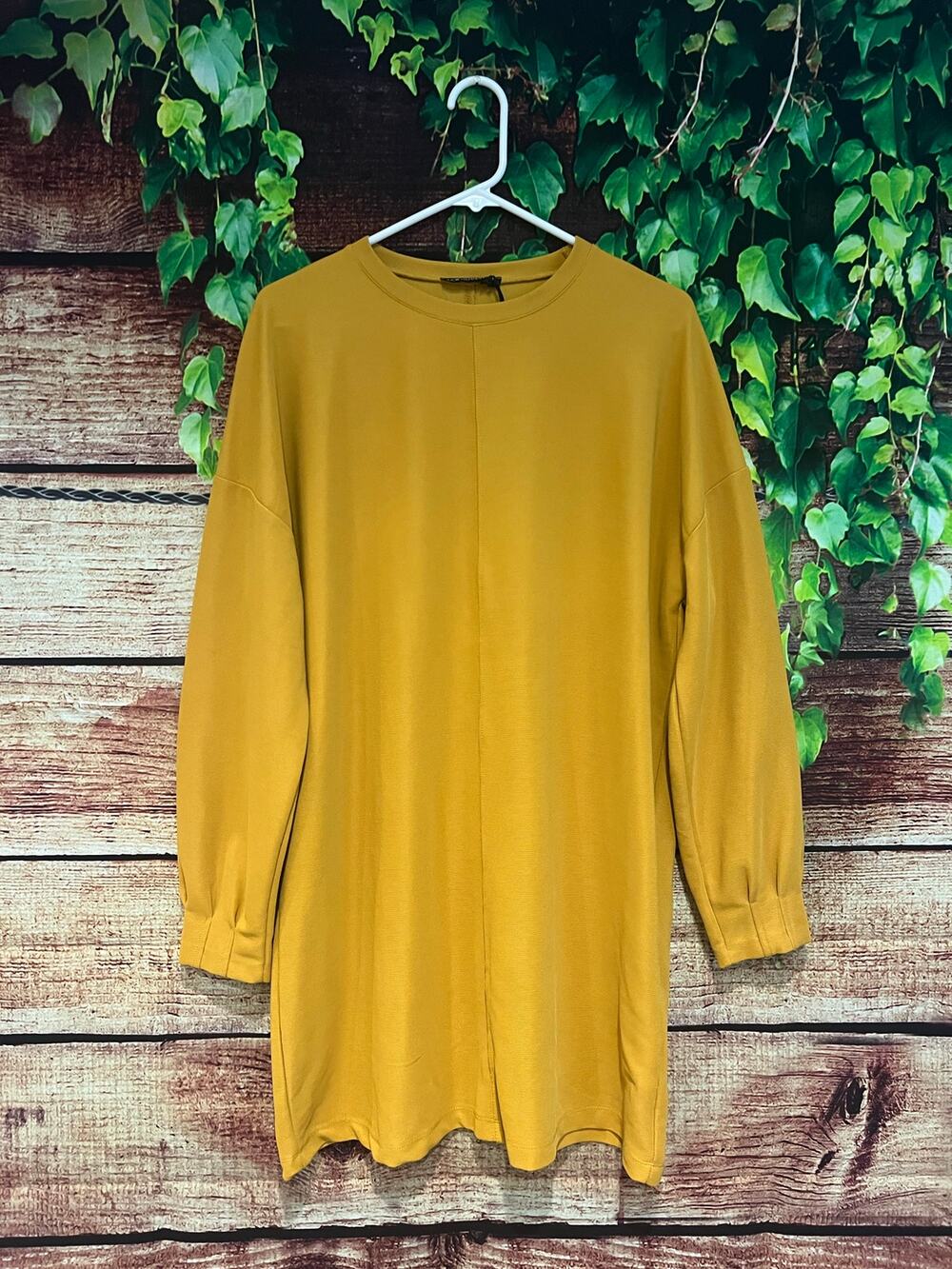 LCW Ribbed Long Sleeve Midi Shift Dress Tunic Rust Gold Mustard Fall Boho XL